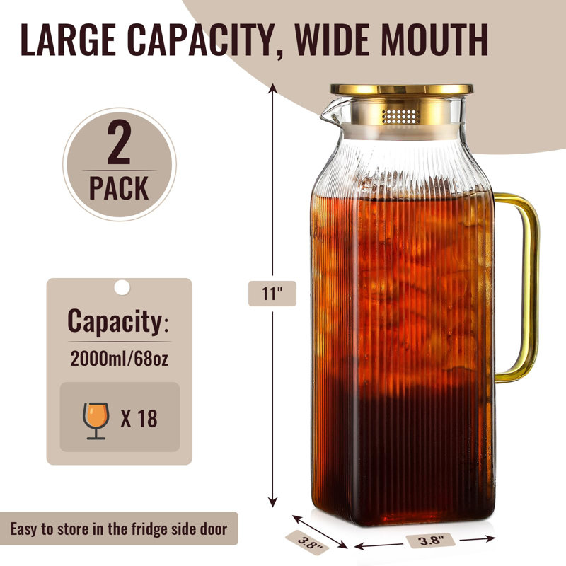 Paquet de 2 pichets carrés en verre de 2 litres / 68 oz avec couvercle, pichets d'eau Classic Stripes avec poignée pour réfrigérateur, grand pichet pour thé glacé, café, carafe en verre borosilicaté pour boisson chaude / froide, or