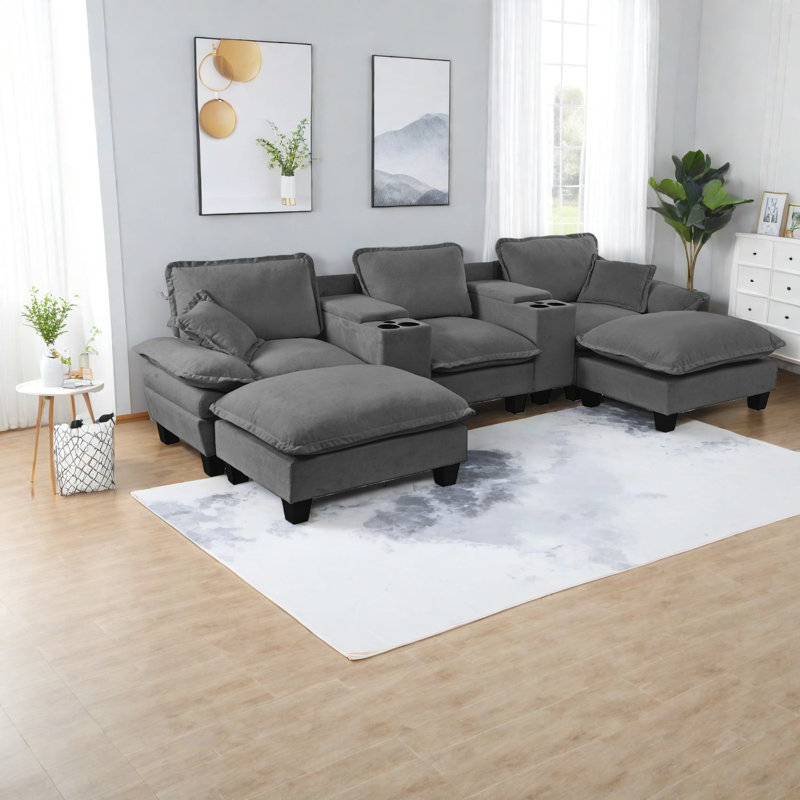 Modular Grey Chenille Sofas, Modern U-shape With Storage, Usb & Pillows