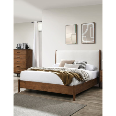 Structure de lit double pleine grandeur avec cadre en noyer et beige, bois massif, tête de lit à panneau en tissu, pieds ronds fuselés, tête de lit en option avec cadre Mid-Century, mobilier de chambre à coucher