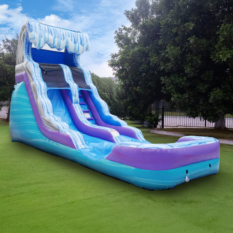 Toboggan aquatique gonflable Herokiddo Ocean Wave de 7,6 m (25 pi) de qualité commerciale avec piscine intégrée et système de drainage pour enfants et adultes (avec souffleur), pour l'intérieur et l'extérieur, les fêtes d'anniversaire, la location, grand format, toutes saisons