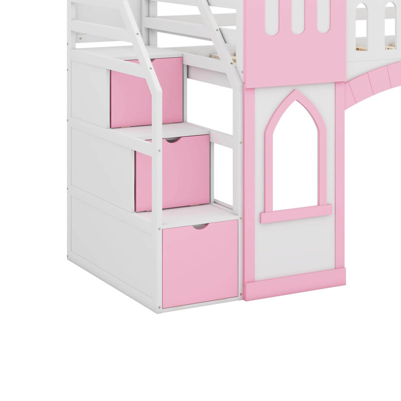 Twin Size Loft Bed With Window And Storage Staircase, Pink