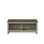 Table basse contemporaine en chêne gris avec tablettes ouvertes doubles et plateau élégant avec deux tablettes l 43 po