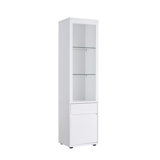 White Display Cabinet With Three Glass Shelves, One Shelves Bottom And A Drawer Metal Glides Modern Style Two Max 10lb Shelf Weight Capacity