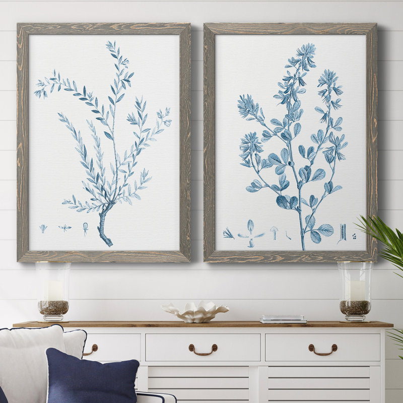 "Antique Botanical In Blue VII", ensemble de 2 peintures sur toile encadrées, Toile avec cadre gris
