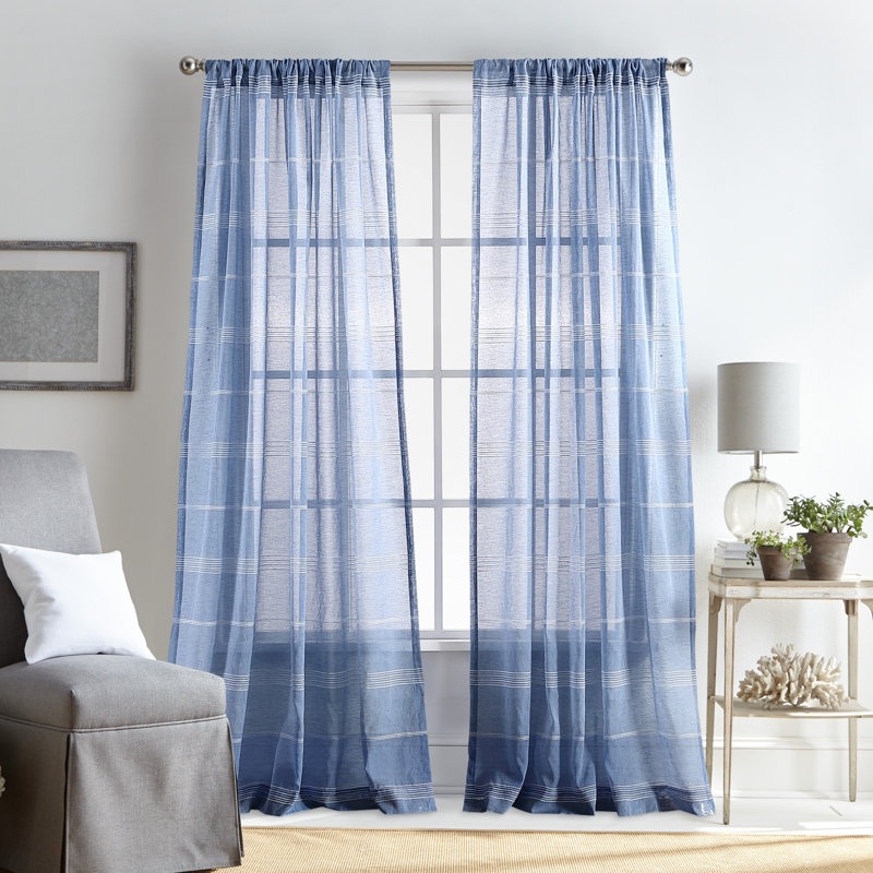 Indigo Sheer Striped Rod Pocket Curtain Panels, 50" x 95"
