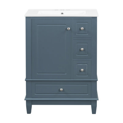 Meuble-lavabo 24 po avec lavabo et tiroirs, meuble-lavabo autoportant gris-bleu avec plateau en céramique et tablettes de rangement, panneau de fibres à densité moyenne et base en bois massif, meuble-lavabo moderne pour les petites salles de bain