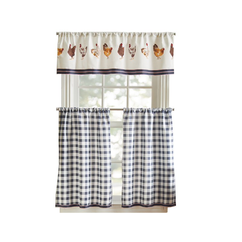 Navy Gingham and Chicken Print Cotton Polyester Valance Set