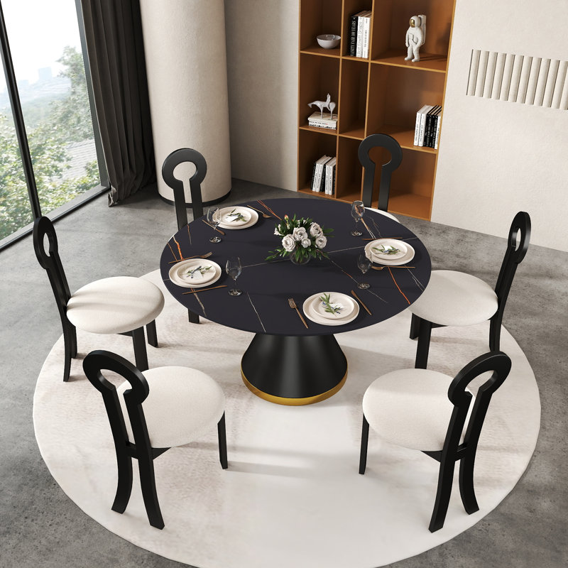 6 Seat Dining Table Set With Modern Key-shaped Dining Chairs, 7-piece Dining Set, Black, Black