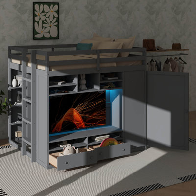 Grand lit mezzanine spacieux avec tiroirs, tablettes, rangement dissimulé et éclairage