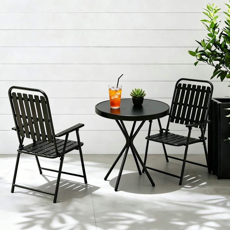 Ensemble de salle à manger 3 pièces pour patio - avec 2 chaises pliantes en métal et table basse en verre
