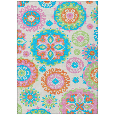 Tapis extérieur lavable à motif médaillon floral bleu sarcelle 10 pi x 14 pi