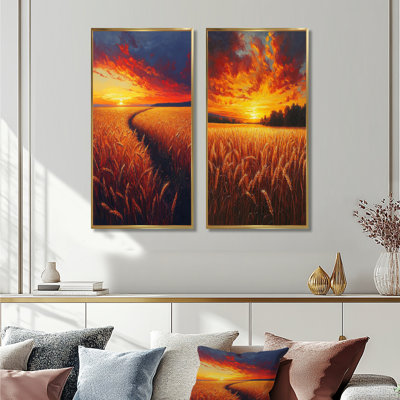 Yellow Sunset Farm Fields I - Farmhouse Wall Art 2 Pieces Set