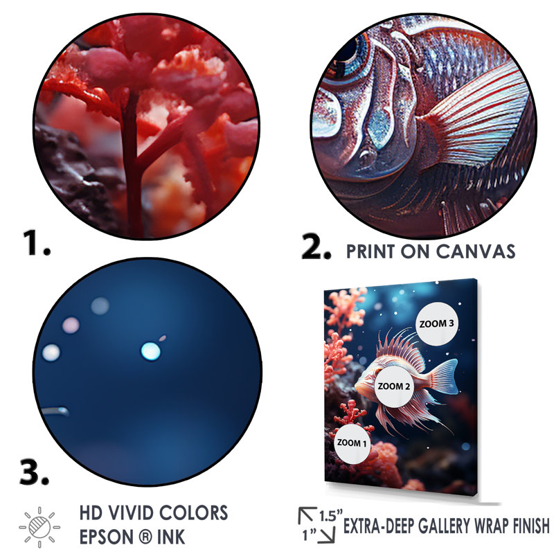 «Beautiful Fish in Coral World», reproduction sur toile, Cadre doré simple, H 32 po x l 24 po x P 1 po