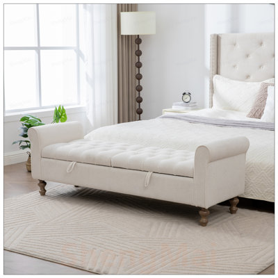 Banc de rangement rembourré moderne avec double couvercle, repose-pieds en tissu avec accoudoirs roulés, idéal pour le salon, le vestibule, le dortoir et la chambre à coucher