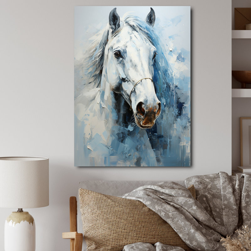 Décoration murale cheval blanc blanc bleu sérénité révélée - pointillisme II, H 32 po x l 24 po x P 1 po, Toile tendue