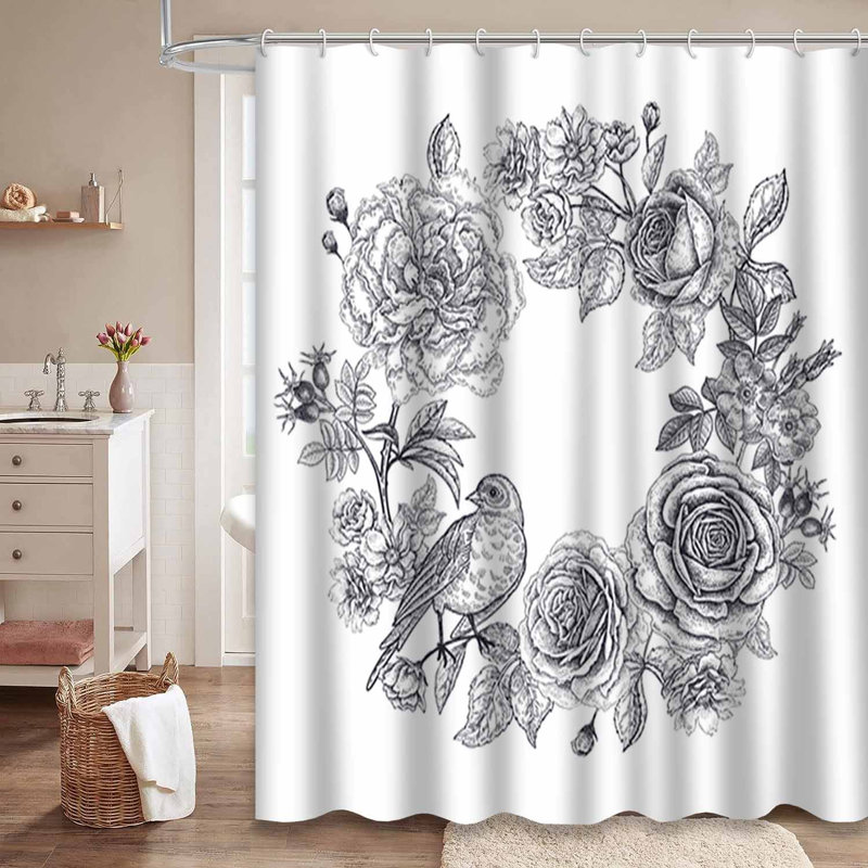 Rideau de douche imperméable rétro à motif floral noir et blanc avec 12 crochets, L 72 po x l 72 po