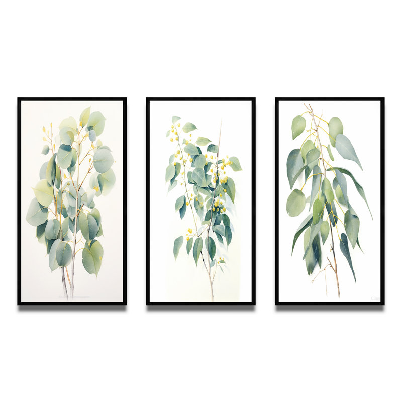 «Green White Minimalisme Eucalyptus Essence I», 3 pièces sur toile, Cadre flottant noir, H 32 po x l 48 po