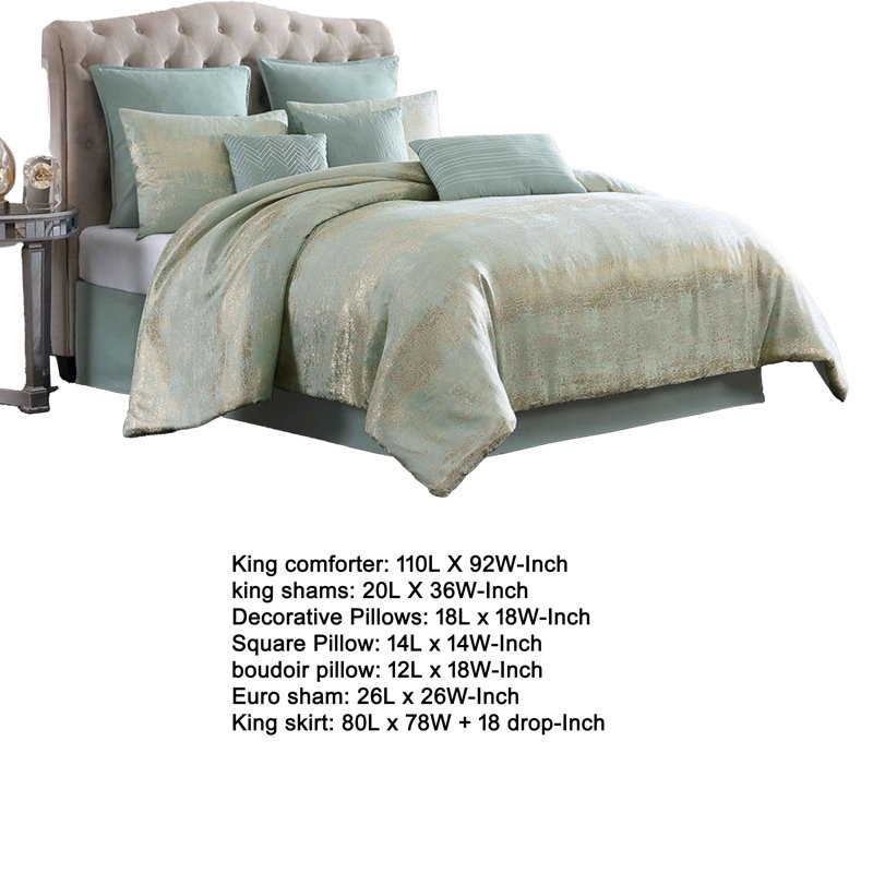 Ensemble d'édredon 9 pièces Teesa, taies décoratives, jacquard tissé bleu et doré