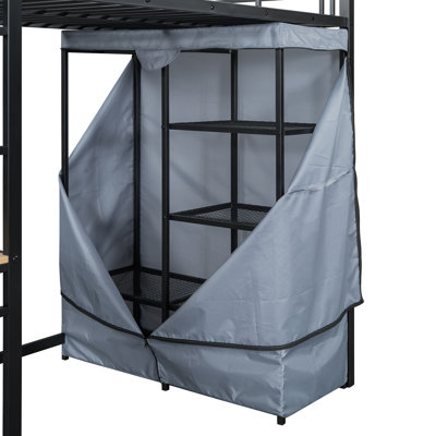 Lit mezzanine en métal avec bureau, tablettes, prise de courant et garde-robe