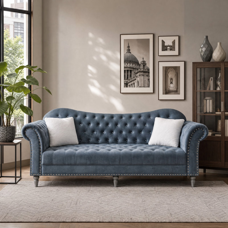 88.6" Chesterfield Sofa, Velvet Couch with Crystal Diamond Inlay on Seat & Back, Grey, Gray