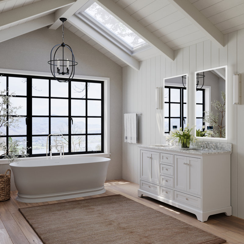 Varna 60'' Double Bathroom Vanity with Top, White/Brushed Nickel, Carrara White Marble