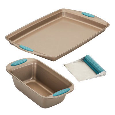 Rachael Ray Cucina Nonstick Bakeware Bread and Baking Pan Set, 3-Piece, Latte Brown with Agave Blue Handles