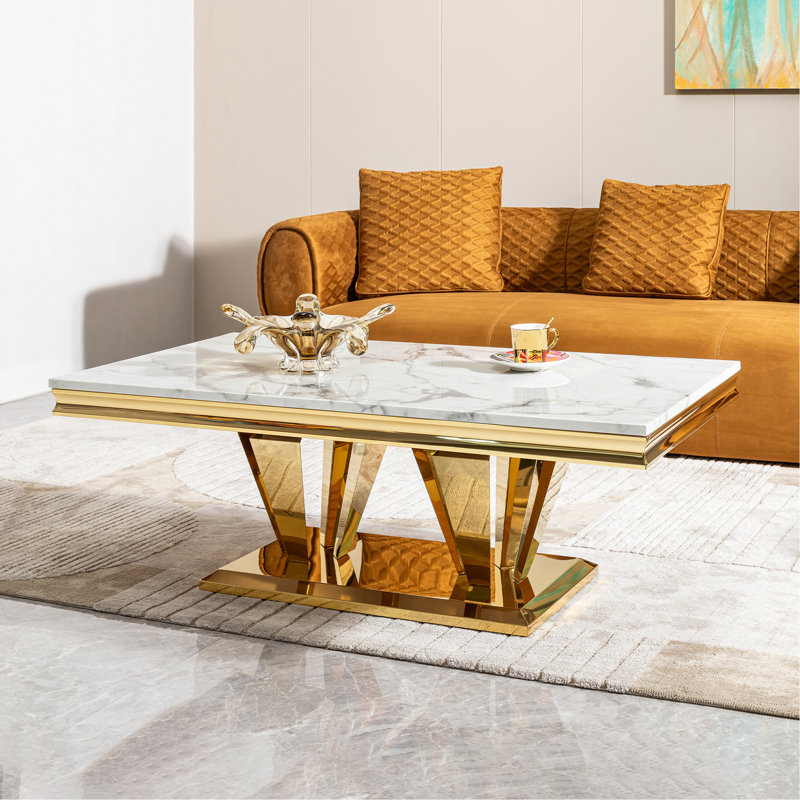 Plateau rectangulaire moderne en MDF de 0,78 po d'épaisseur avec base en acier inoxydable avec finition miroir doré
