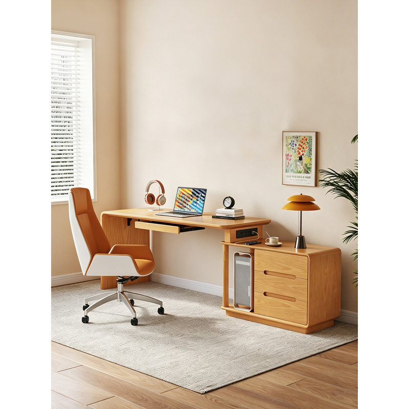 Modern Minimalist Retractable L-shaped Desk&Office Desk, Tan, 29.53" H x 47.24" W x 53.43" D
