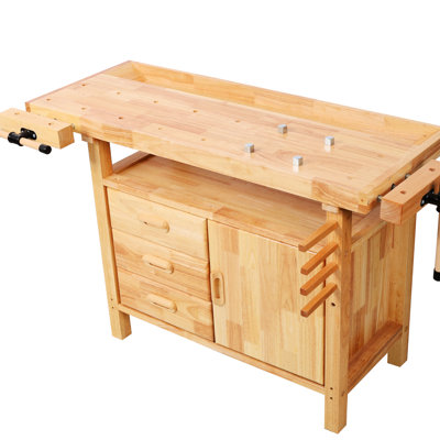 50" Workbench For Woodworking And Diy Crafts. 3 Drawers, 1 Cabinet Door, Open Shelf. High - Quality Rubberwood Solid Wood With Drawers For Garage, Woodworking, Rubberwood, Quick Setup