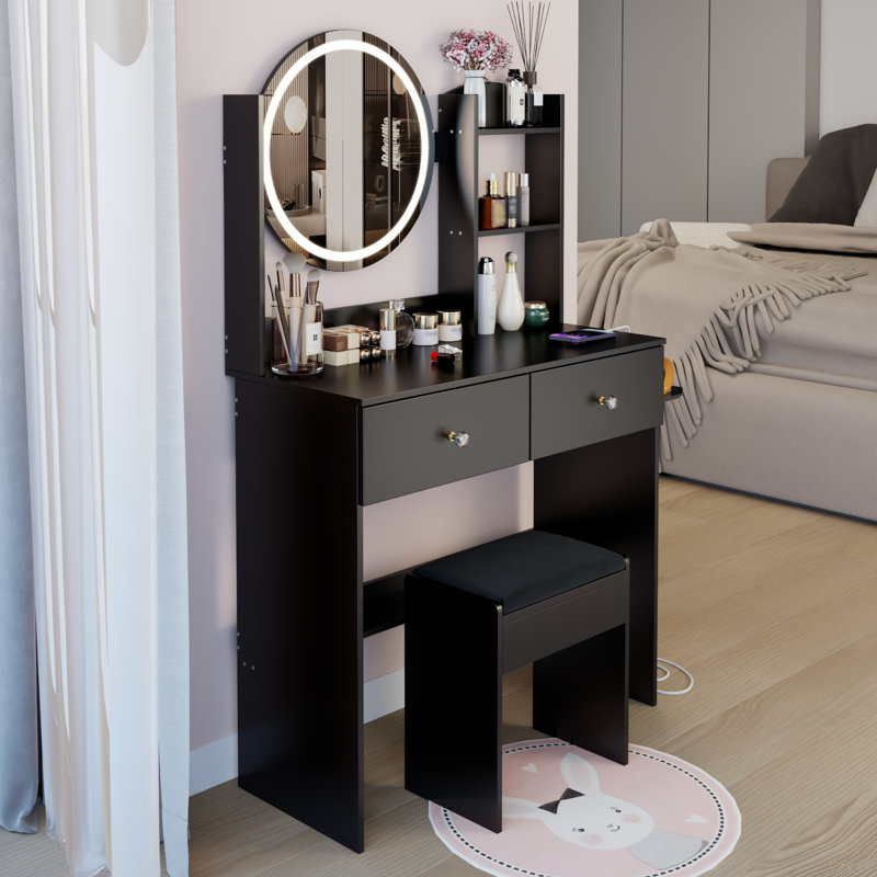 Table de coiffeuse ronde à miroir DEL avec tabouret rembourré, 2 prises CA + 2 prises USB, grand miroir, interrupteur tactile, 3 couleurs d'éclairage, luminosité réglable