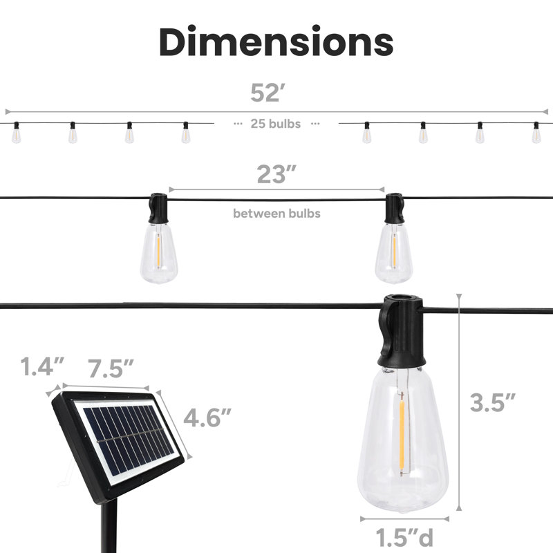 Guirlande solaire à 25 ampoules DEL - 52 pi avec chargement USB
