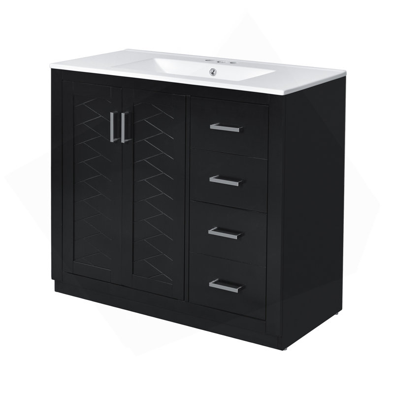 Ensemble de meuble-lavabo 36 po avec lavabo en céramique, meuble de rangement à structure en bois, ensemble de meuble-lavabo autoportant avec 3 tiroirs et portes à fermeture douce