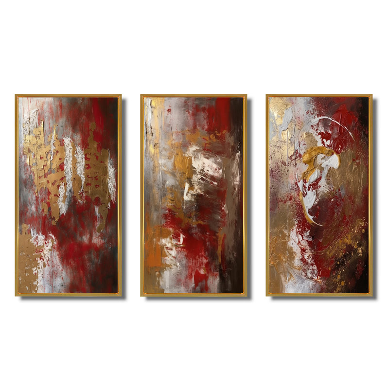 "Révélations italiennes anciennes en or et rouge", 3 pièces sur toile, H 28 po x l 36 po, Encadrement doré