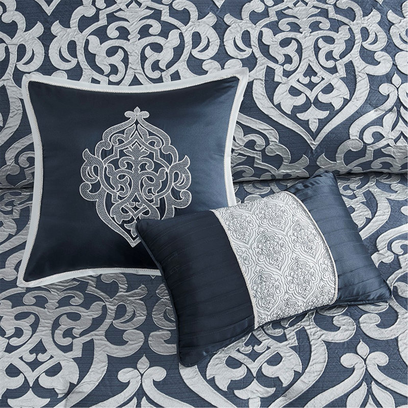 Ensemble d'édredon 8 pièces jacquard bleu marine / argenté, Édredon très grand + 7 pièces supplémentaires