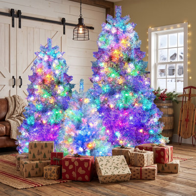 Ensemble d'arbre de Noël argenté pré-éclairé, arbres artificiels en PVC de 4 pi 6 pi 7,4 pi avec 11 modes d'éclairage, branches articulées