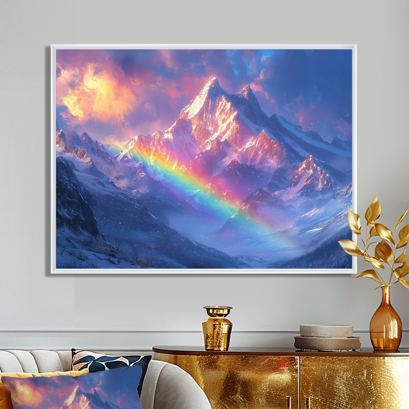 Arc-en-ciel et les montagnes enneigées II - art mural arc-en-ciel, H 16 po x l 32 po, Cadre flottant blanc