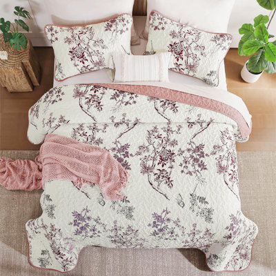 3-Piece Botanical Leaf & Butterfly Pattern Floral Quilt Set Farmhouse Plants Bedspread Coverlet Bedding Set