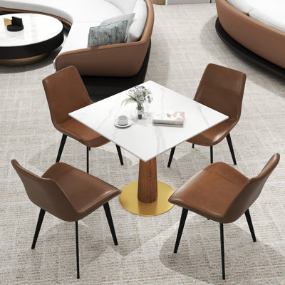 5-Piece Modern Square Sintered Stone Conference Table Set With 4 Leather Chairs