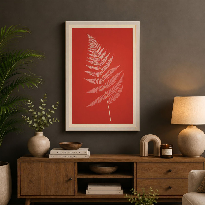 Cream Fern on Red Botanical - Wrapped Canvas, Cream Border, 30x20 - 76.2 x 50.8 cm