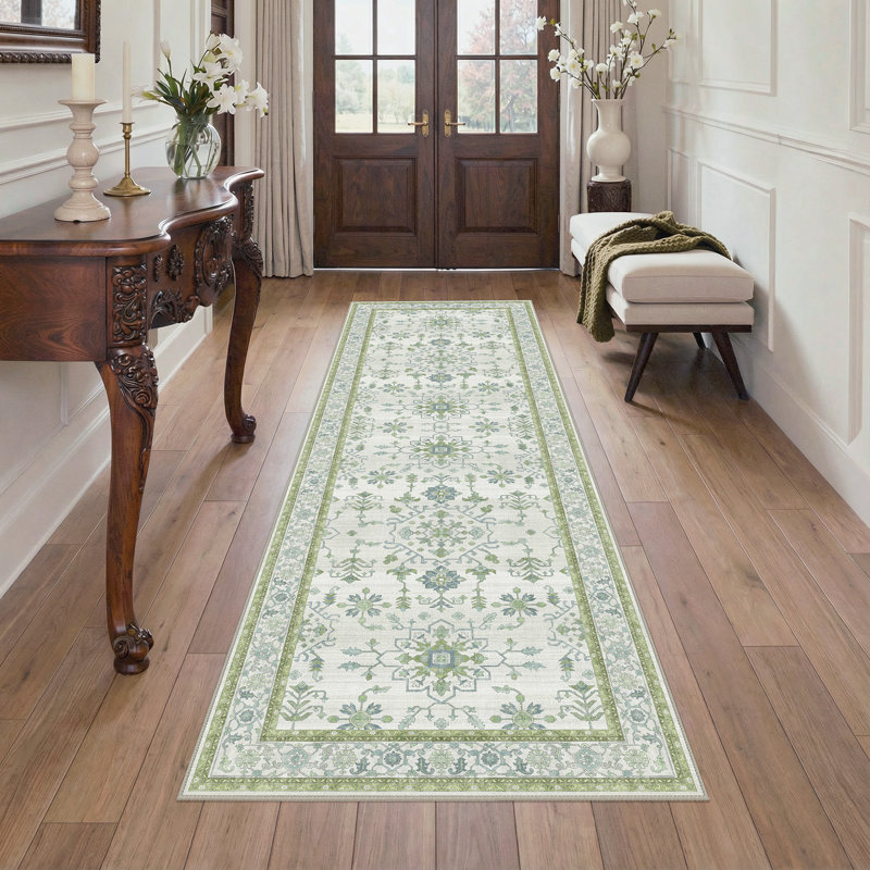 Oriental Geometric Machine Washable Non-Slip Cream Green Indoor Area Rug, Runner 2' x 6', Ivory/Gray