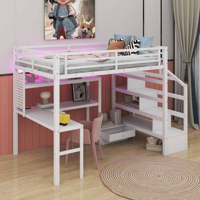Full Size Loft Bed With LED Light & Charge Station, Metal Loft Bed With Desk And Staircase, Loft Bed With Wardrobe, White