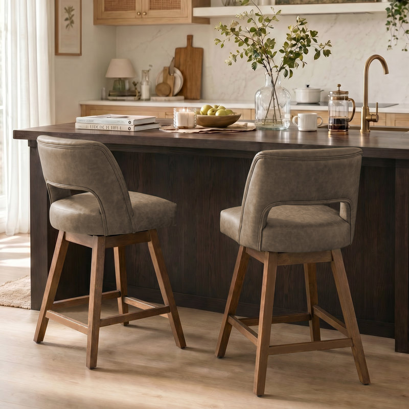 Tabouret de bar pivotant en similicuir Bisto, Similicuir brun foncé, Finition noyer