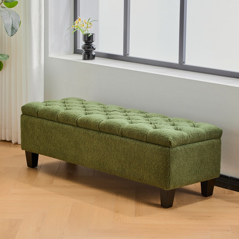 Banc repose-pieds avec rangement, surface bouclée verte, pieds en bois d'hévéa, capacité de 300 lb