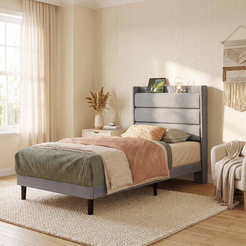 Klementyna Twin XL Upholstered Storage Bed with Power Outlets, Gray