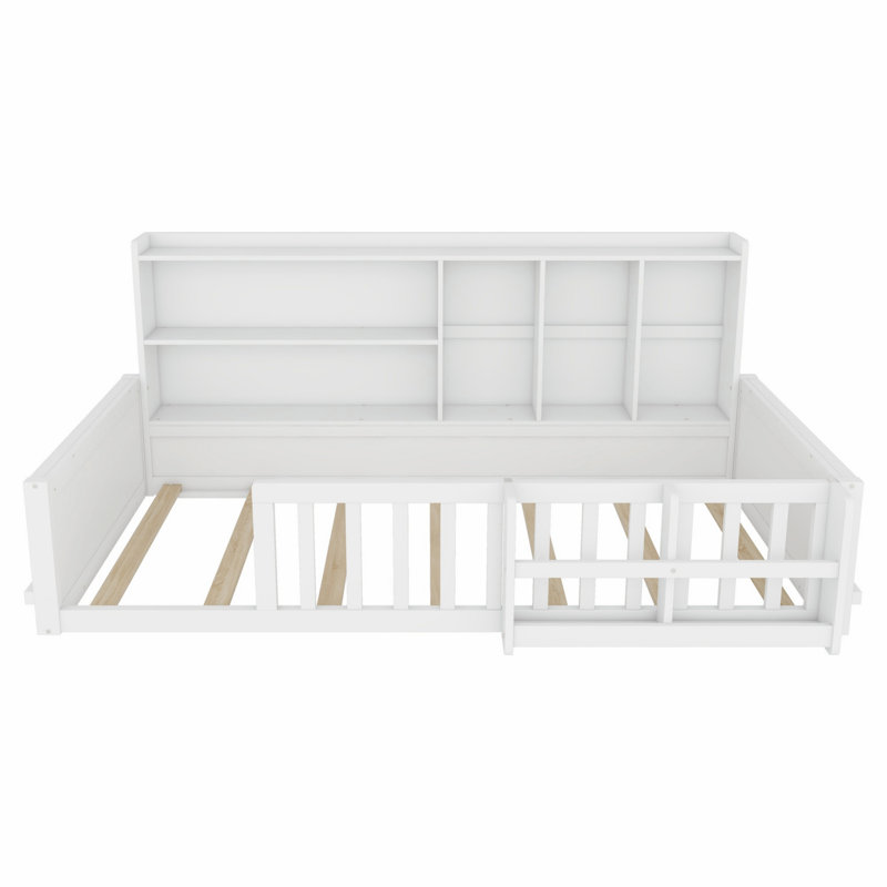 Base de lit plateforme en bois avec barrière de sécurité, tablettes de rangement latérales, Lit simple, Blanc