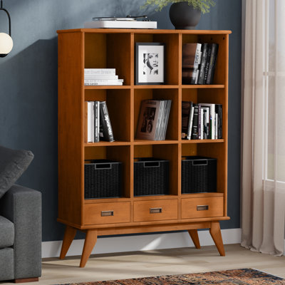 Draper 42"W Solid Wood Mid Century 9-Cube Storage Bookcase With 3 Drawers