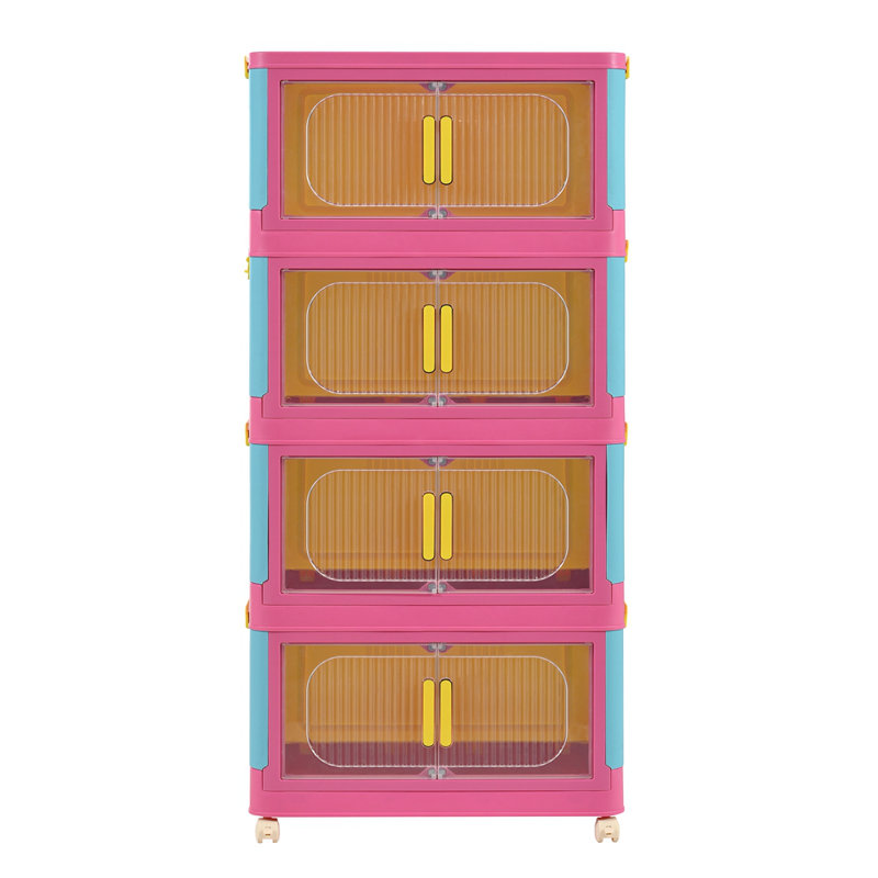 Happy Color, 20" Side Wide Folding Storage Cabinet ,4 Tiers,19.69"×11.81"×40.55",Collapsible Storage Bins With Magnetic Door, Plastic Storage Cabinet With Wheels