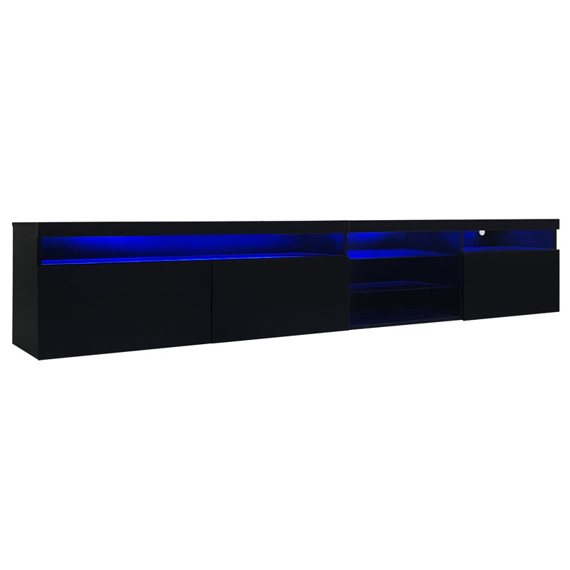 Meuble télé en noir, 2 tablettes en verre, lumières à DEL de couleur réglable, pour console de 90 po et plus, Black