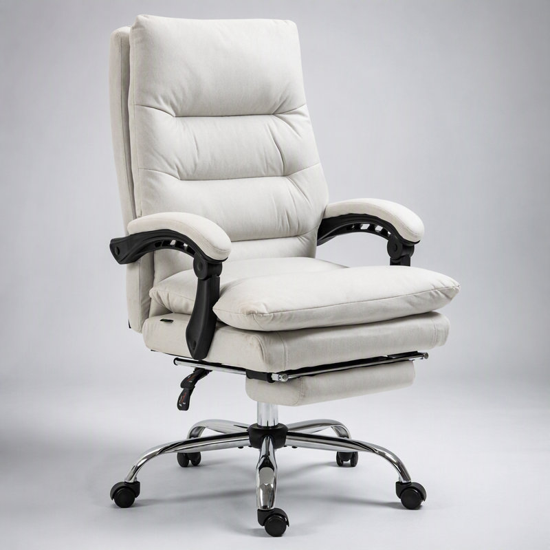 Fauteuil de bureau massant Vinsetto en microfibre avec dossier inclinable chauffant, repose-pieds, rembourrage double couche, roulettes pivotantes, blanc crème
