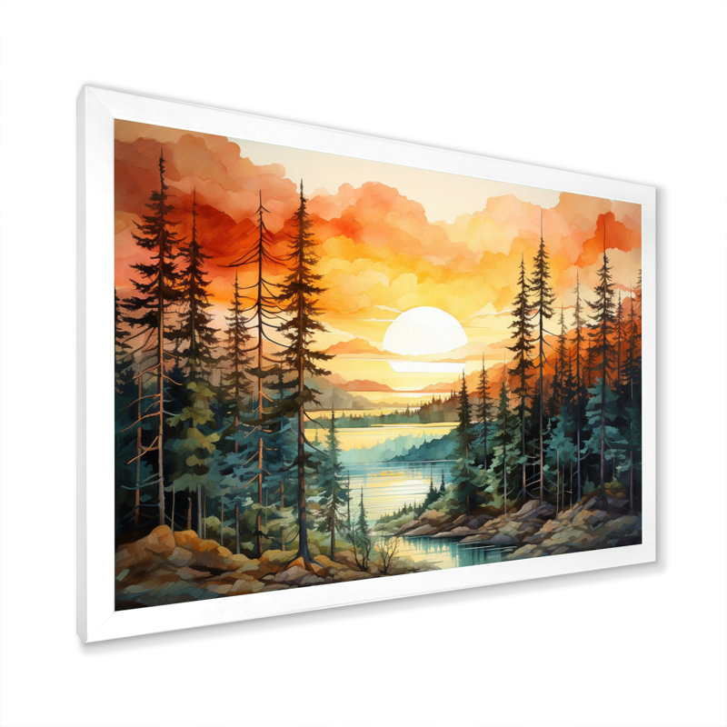 Pin, coucher de soleil brillant II - Pin, art mural, H 30 po x l 40 po x P 1,5 po, Cadre simple blanc